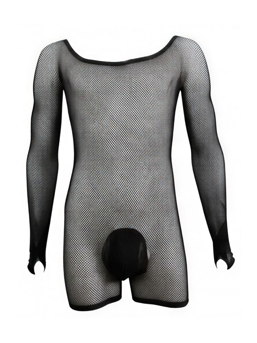 CandyMan 99955 Men's Underwear Patterned Fishnet Long Sleeve Bodysuit Color Black