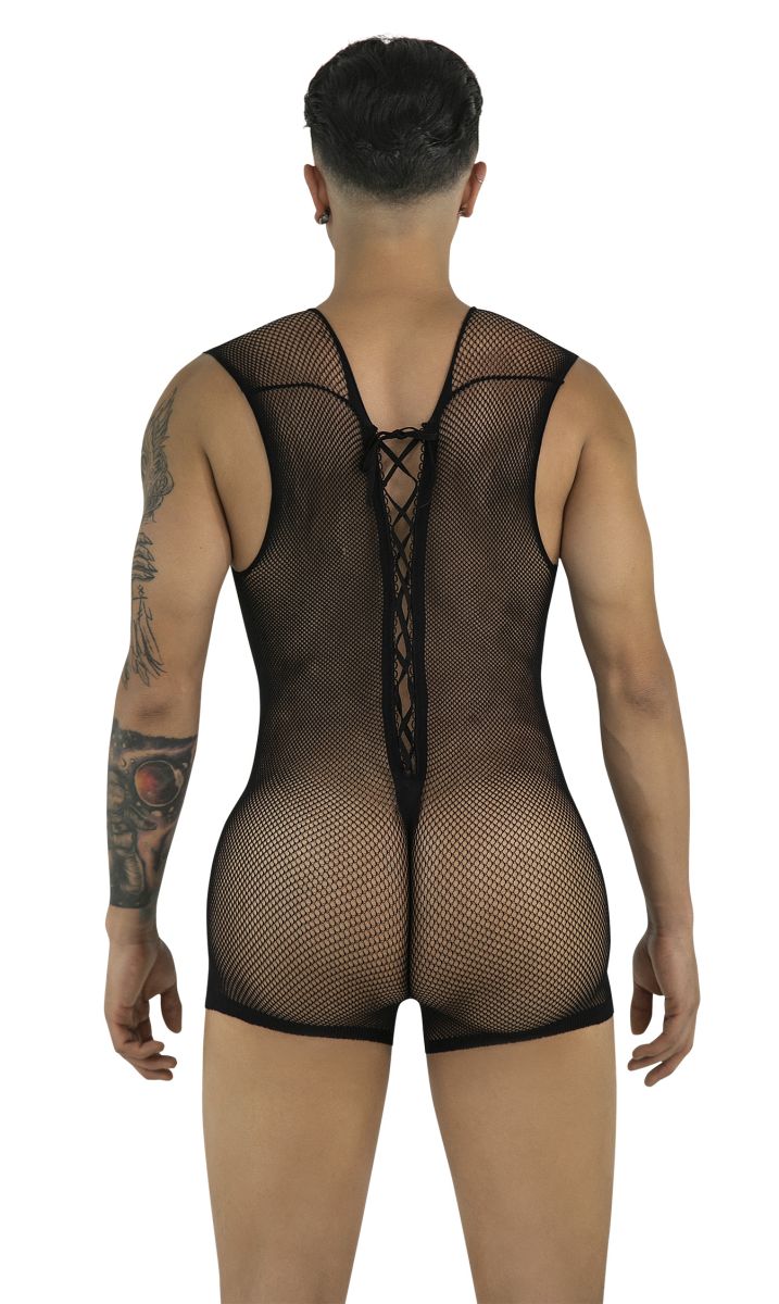 CandyMan 99956 Men's Underwear Sheer Textured Mesh Lace-Up Bodysuit Color Black