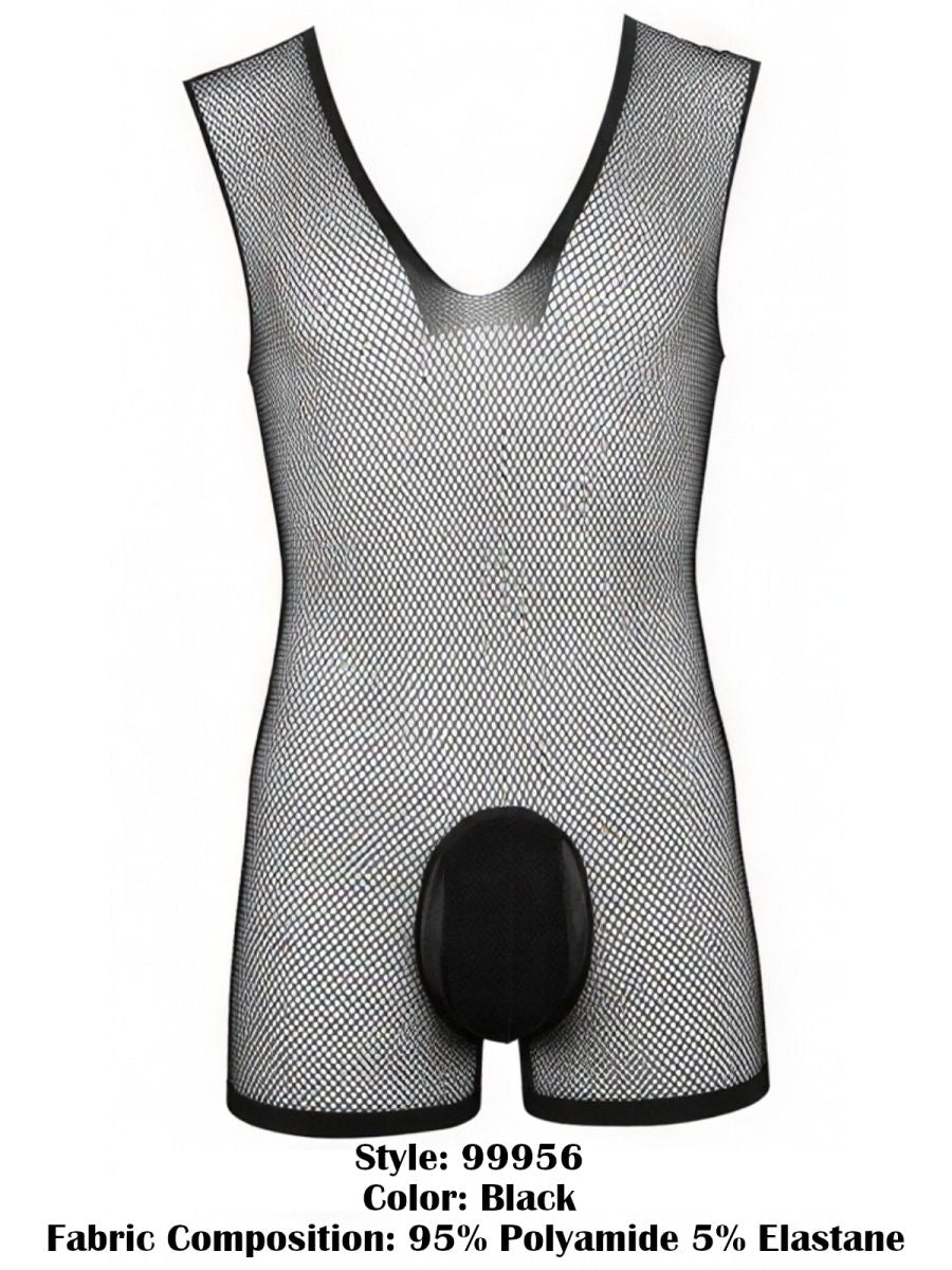 CandyMan 99956 Men's Underwear Sheer Textured Mesh Lace-Up Bodysuit Color Black