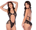 Mapale 1137 Rhinestone Fringe Mesh Bodysuit Color Black-Rhinestone