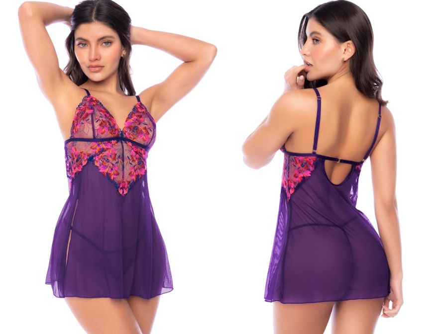 Mapale 7644 Alluring Babydoll with Matching Thong in Orchid Obscura Color Orchind Obscura