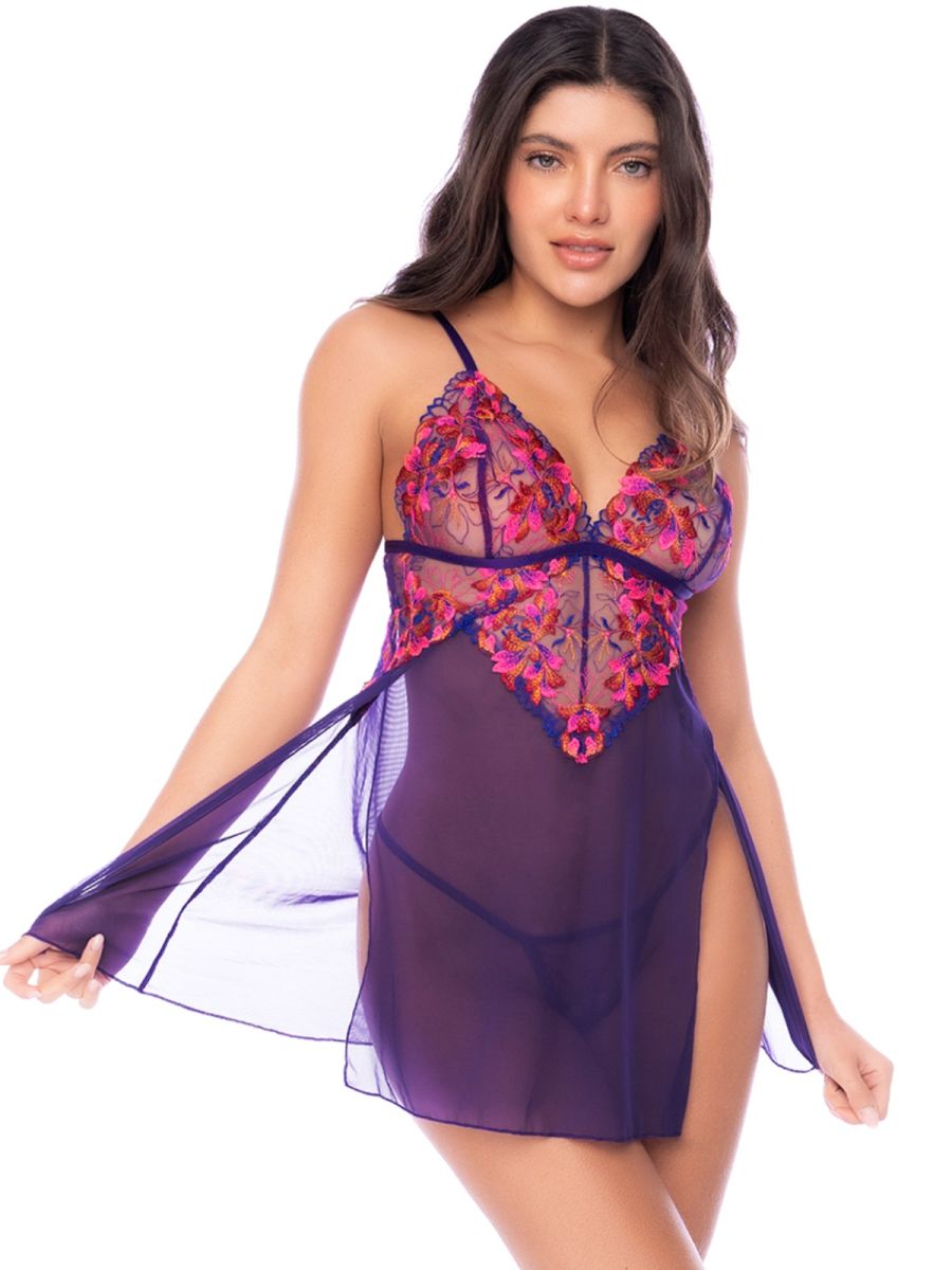 Mapale 7644 Alluring Babydoll with Matching Thong in Orchid Obscura Color Orchind Obscura