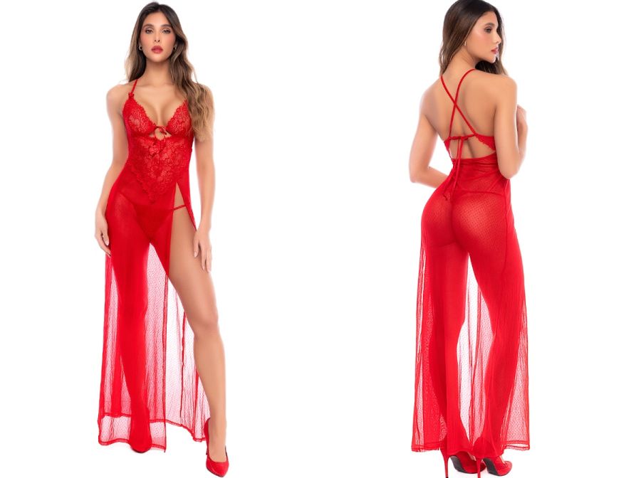Mapale 7649 Seductive Long Gown with Matching Thong in Bold Red Color Red