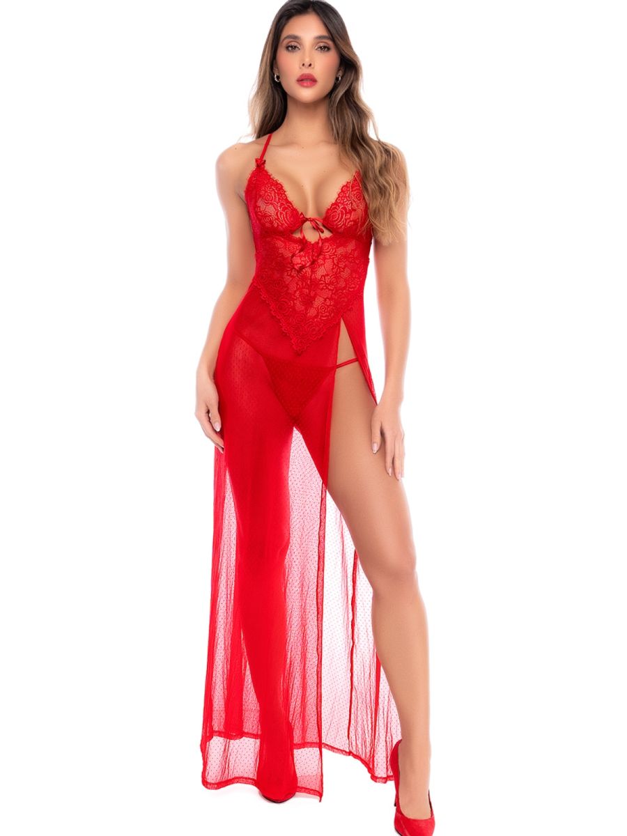 Mapale 7649 Seductive Long Gown with Matching Thong in Bold Red Color Red